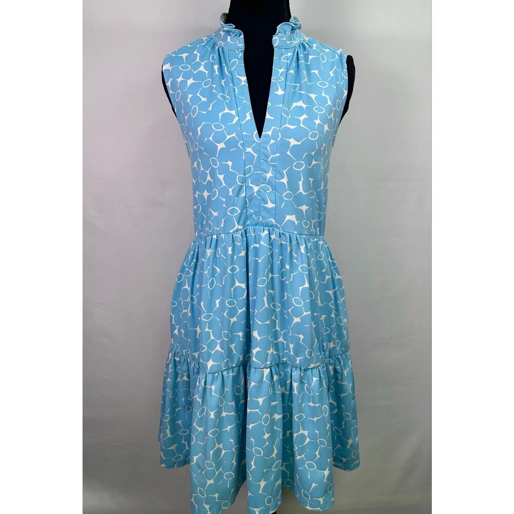 Mahi Gold Blue & White Geometric Tiered Dress Sleeveless Ruffle Neck Size Small - Picture 2 of 8